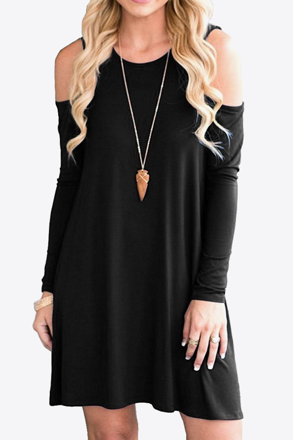 Cold-Shoulder Long Sleeve Round Neck Dress BLUE ZONE PLANET