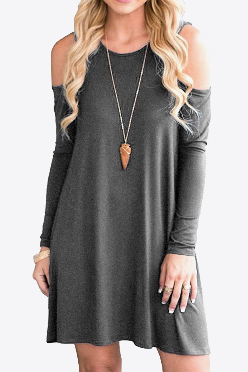 Cold-Shoulder Long Sleeve Round Neck Dress BLUE ZONE PLANET