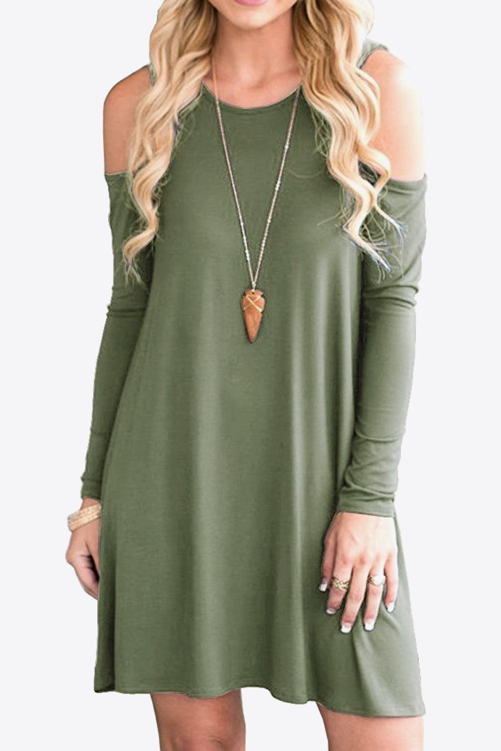 Cold-Shoulder Long Sleeve Round Neck Dress BLUE ZONE PLANET