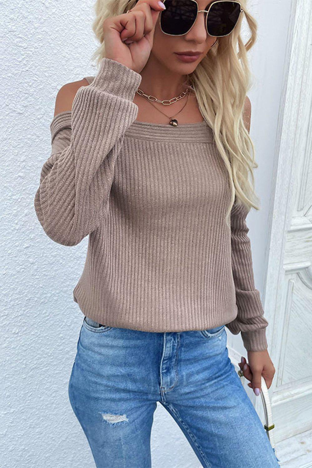 Cold Shoulder Rib-Knit Sweater BLUE ZONE PLANET