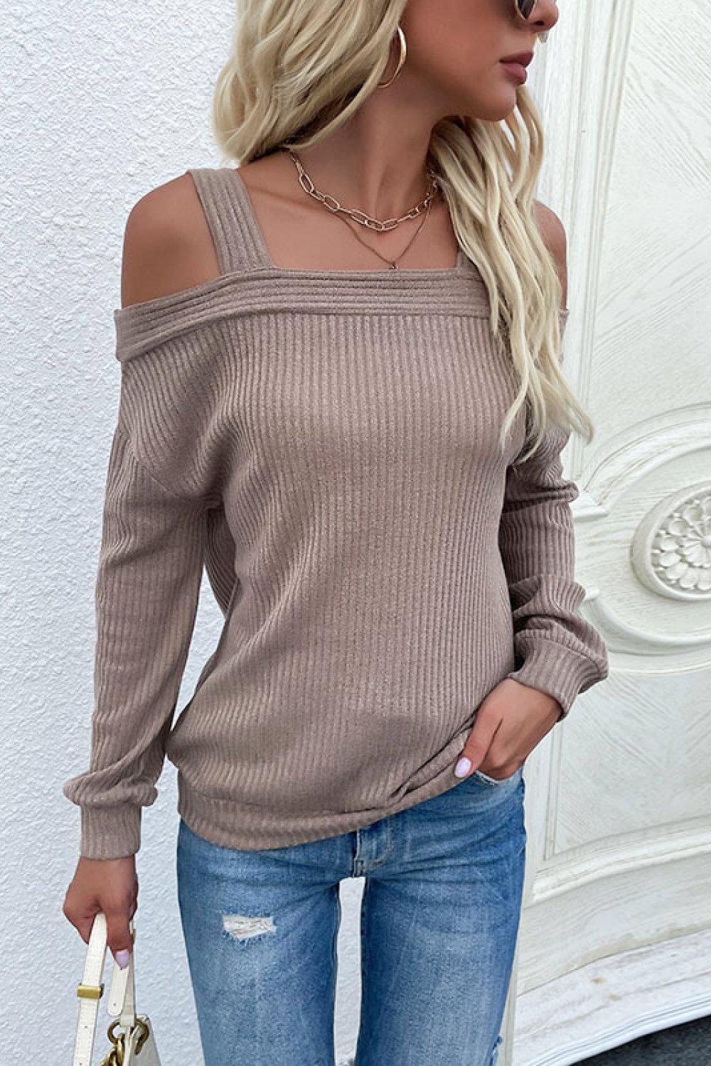 Cold Shoulder Rib-Knit Sweater-TOPS / DRESSES-[Adult]-[Female]-Blue Zone Planet