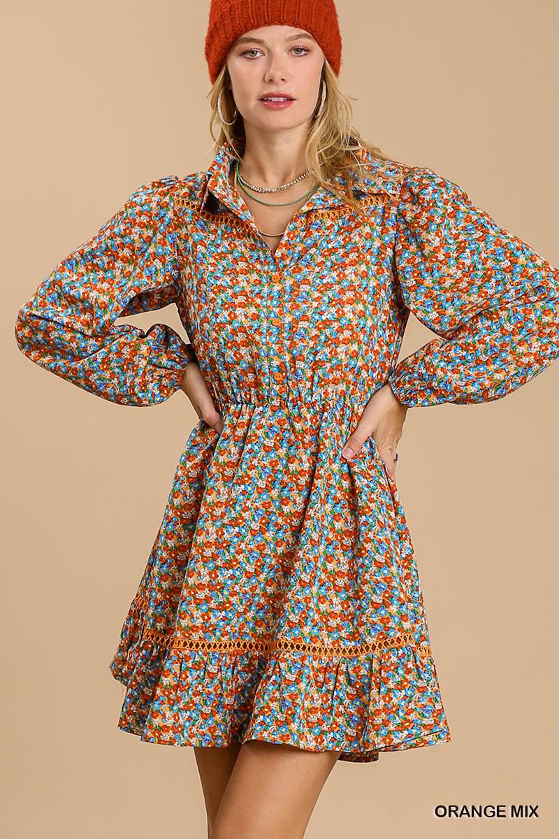 Collared neckline button down floral print dress with crochet trimmed details Blue Zone Planet