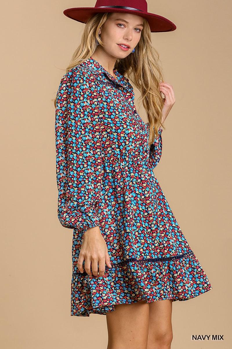 Collared neckline button down floral print dress with crochet trimmed details Blue Zone Planet