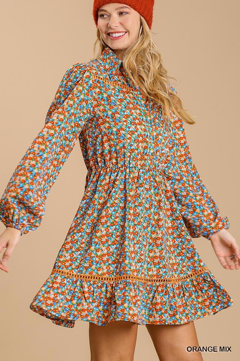 Collared neckline button down floral print dress with crochet trimmed details Blue Zone Planet