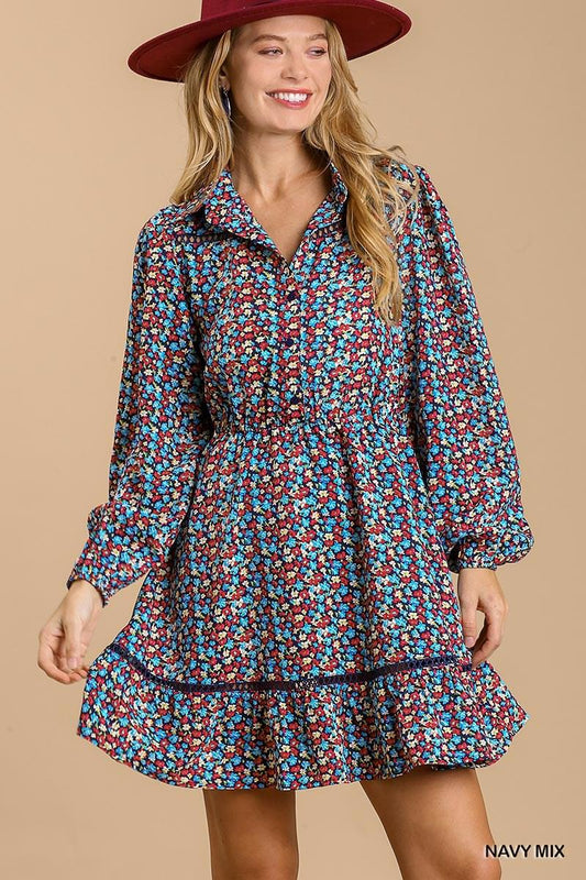 Collared neckline button down floral print dress with crochet trimmed details Blue Zone Planet