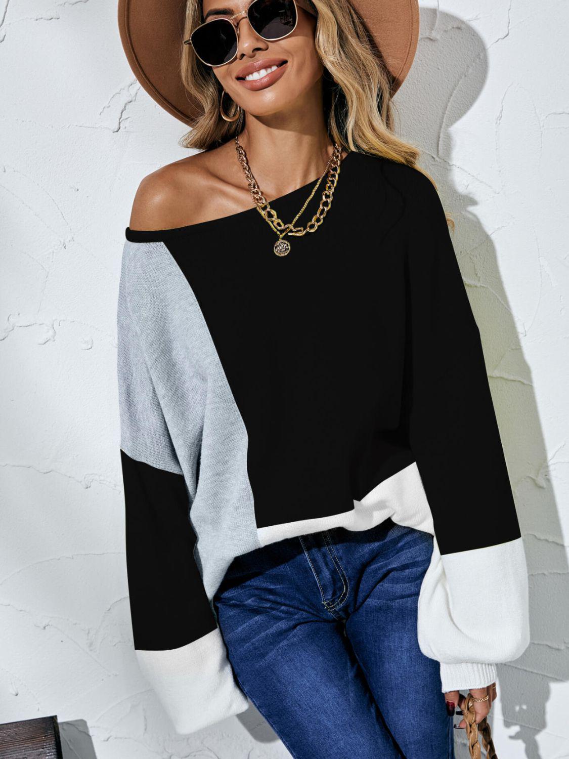 Color Block Balloon Sleeve Boat Neck Sweater-TOPS / DRESSES-[Adult]-[Female]-Black-S-2022 Online Blue Zone Planet
