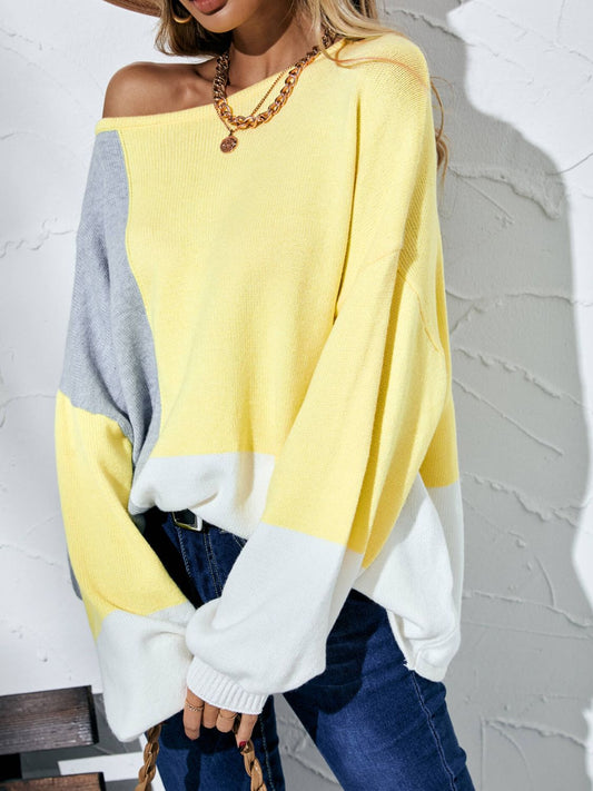 Color Block Balloon Sleeve Boat Neck Sweater BLUE ZONE PLANET