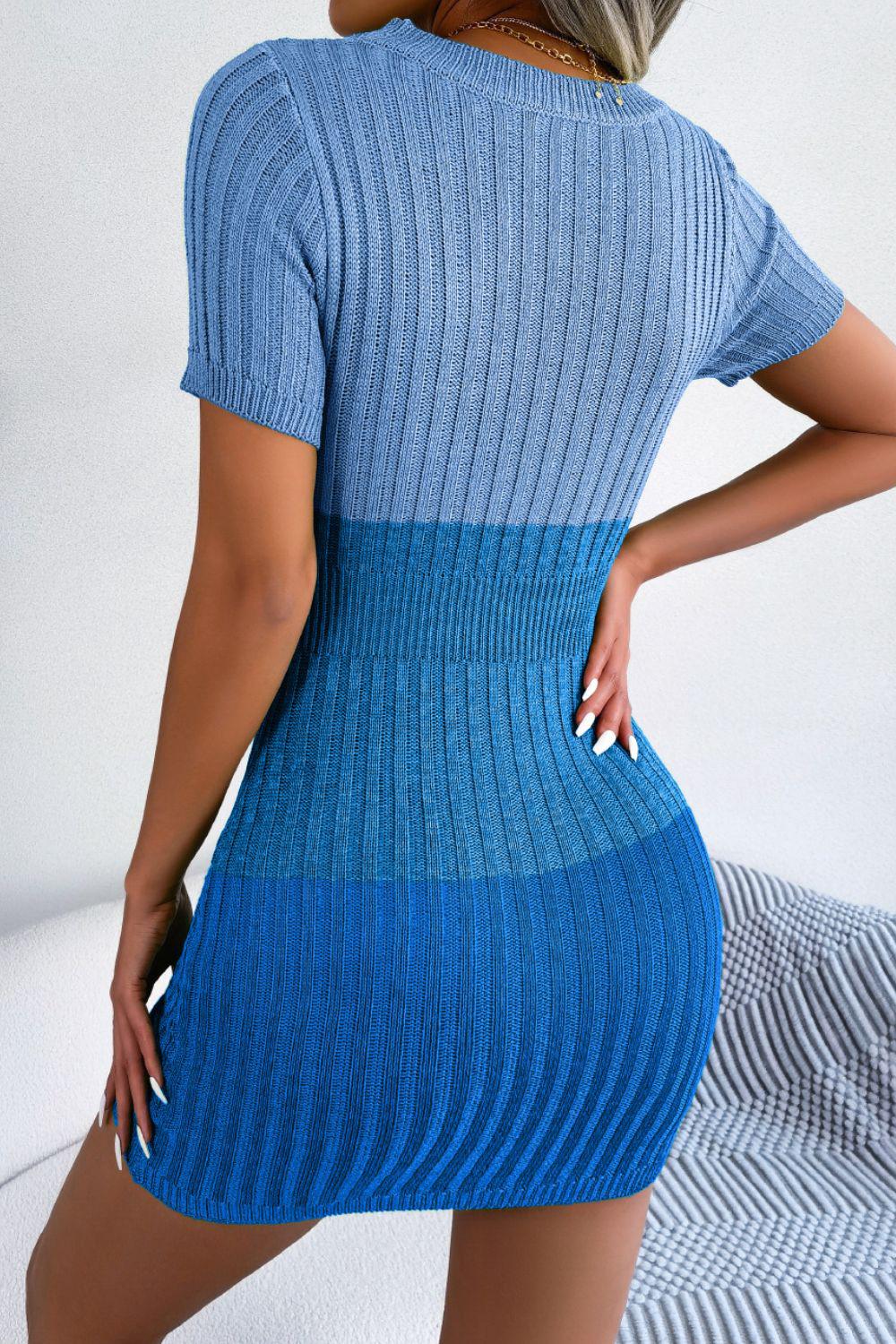 Color Block Cutout Short Sleeve Sweater Dress BLUE ZONE PLANET