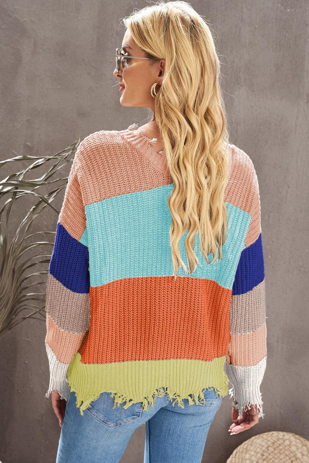 Color Block Distressed V-Neck Ribbed Sweater-TOPS / DRESSES-[Adult]-[Female]-2022 Online Blue Zone Planet