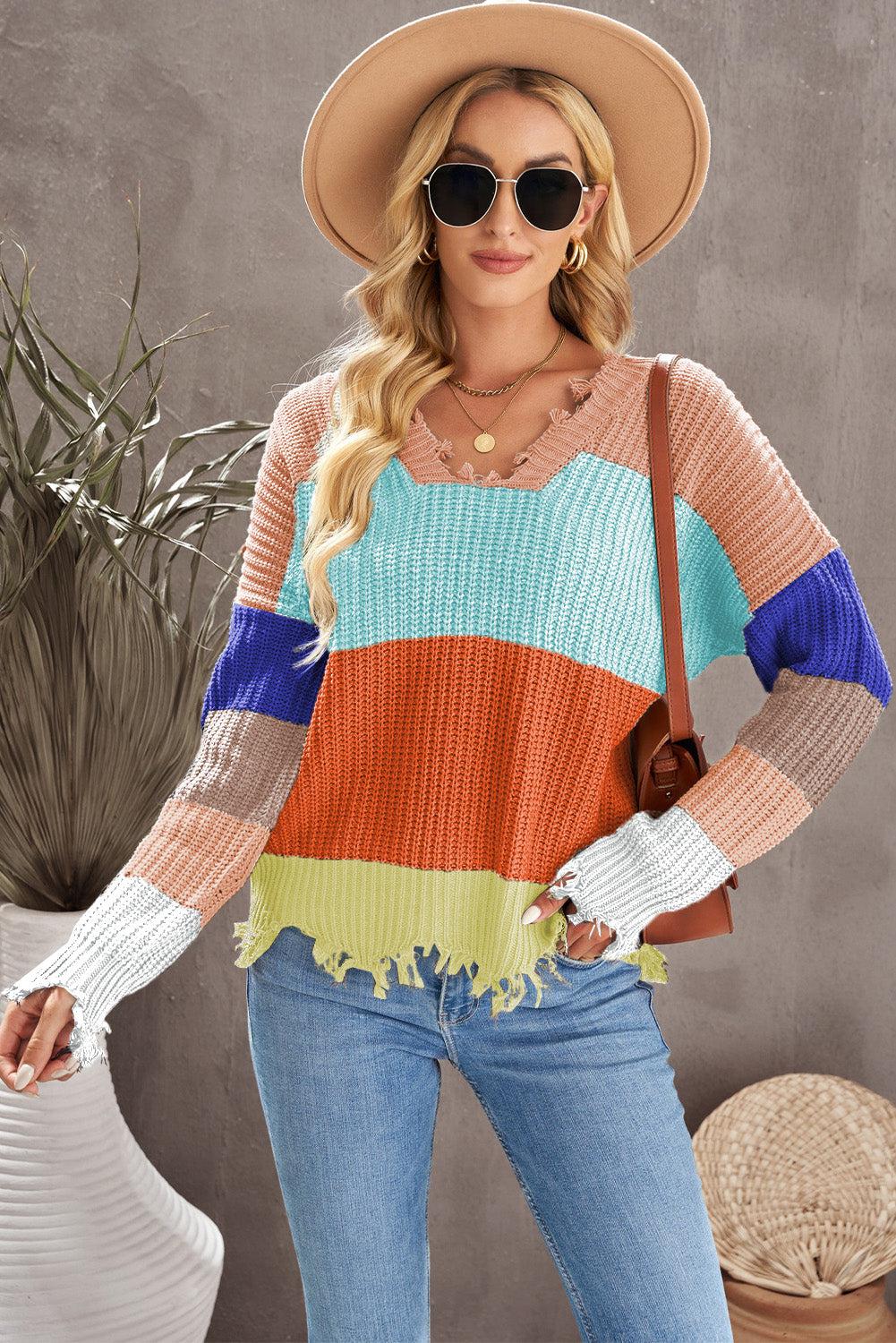 Color Block Distressed V-Neck Ribbed Sweater-TOPS / DRESSES-[Adult]-[Female]-2022 Online Blue Zone Planet