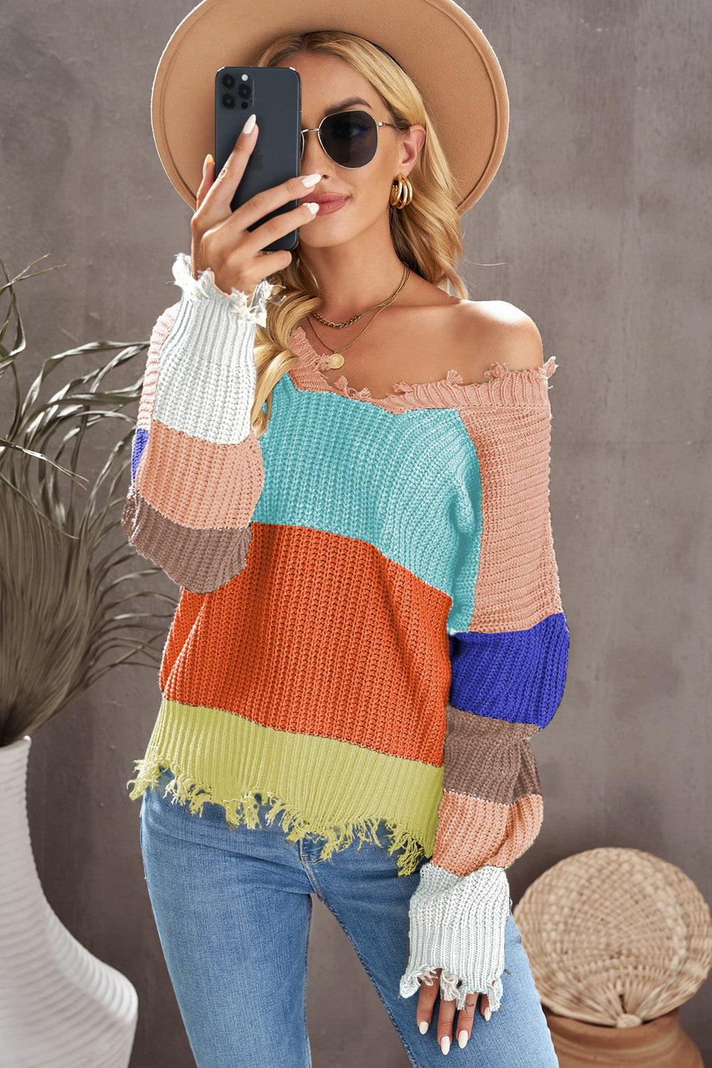 Color Block Distressed V-Neck Ribbed Sweater-TOPS / DRESSES-[Adult]-[Female]-2022 Online Blue Zone Planet