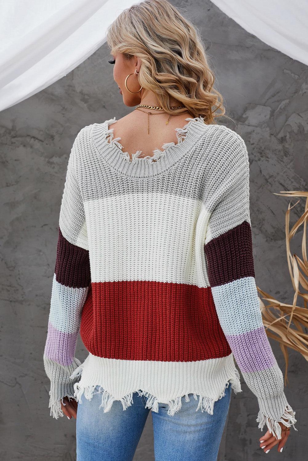 Color Block Distressed V-Neck Ribbed Sweater-TOPS / DRESSES-[Adult]-[Female]-2022 Online Blue Zone Planet