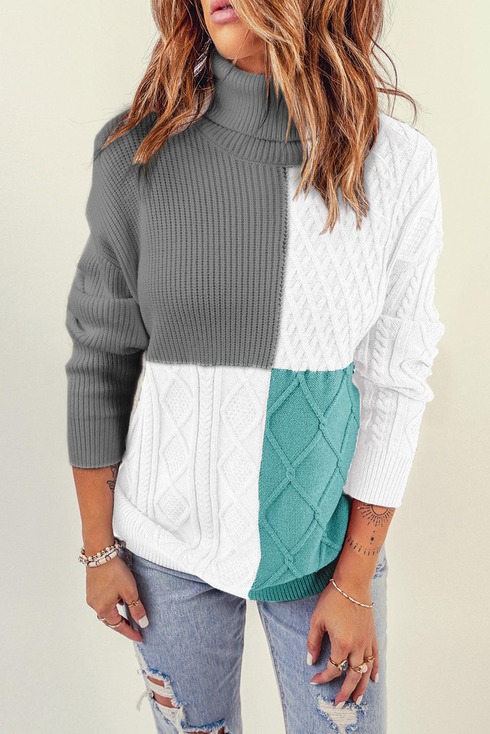 Color Block Drop Shoulder Turtleneck Pullover Sweater-TOPS / DRESSES-[Adult]-[Female]-2022 Online Blue Zone Planet