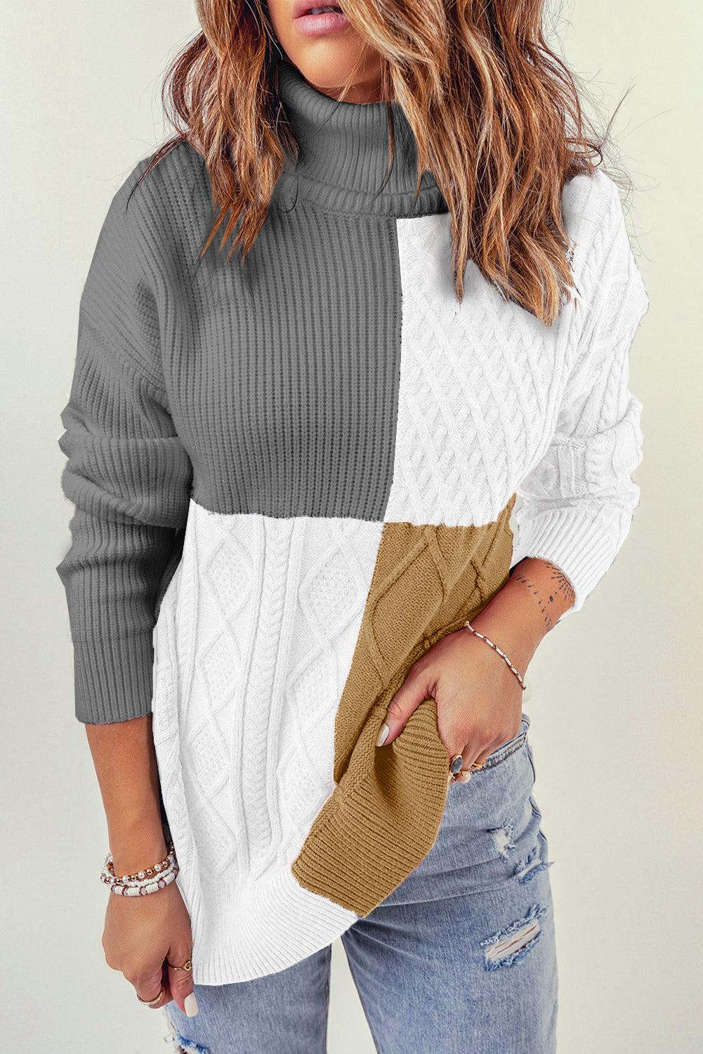 Color Block Drop Shoulder Turtleneck Pullover Sweater-TOPS / DRESSES-[Adult]-[Female]-Gray/Brown-S-2022 Online Blue Zone Planet