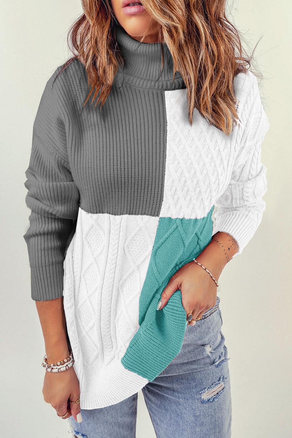 Color Block Drop Shoulder Turtleneck Pullover Sweater-TOPS / DRESSES-[Adult]-[Female]-Gray/Teal-S-2022 Online Blue Zone Planet