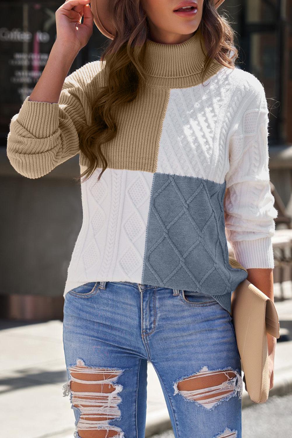 Color Block Drop Shoulder Turtleneck Pullover Sweater-TOPS / DRESSES-[Adult]-[Female]-Khaki/Steel-S-2022 Online Blue Zone Planet
