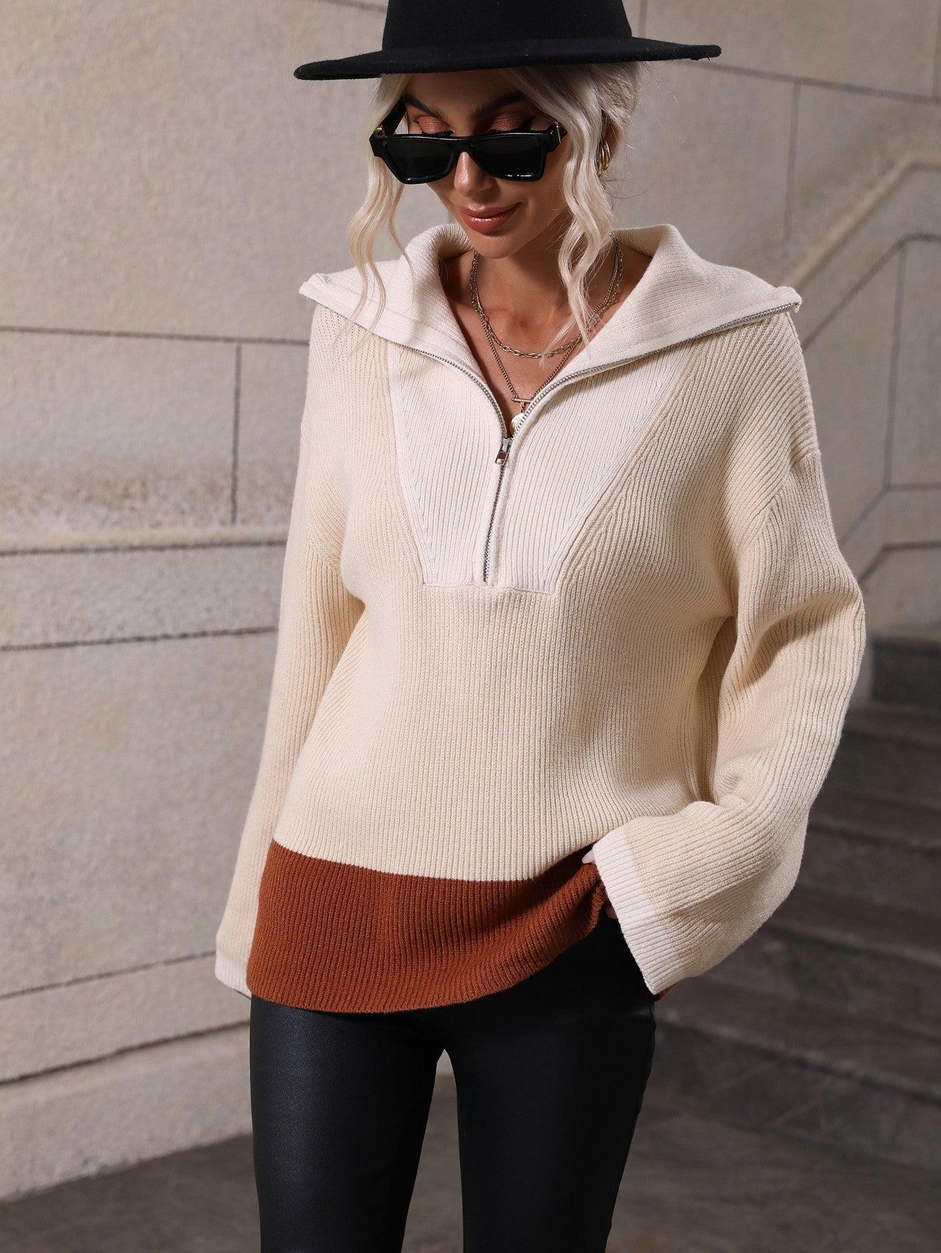 Color Block Half-Zip Dropped Shoulder Knit Pullover-TOPS / DRESSES-[Adult]-[Female]-2022 Online Blue Zone Planet
