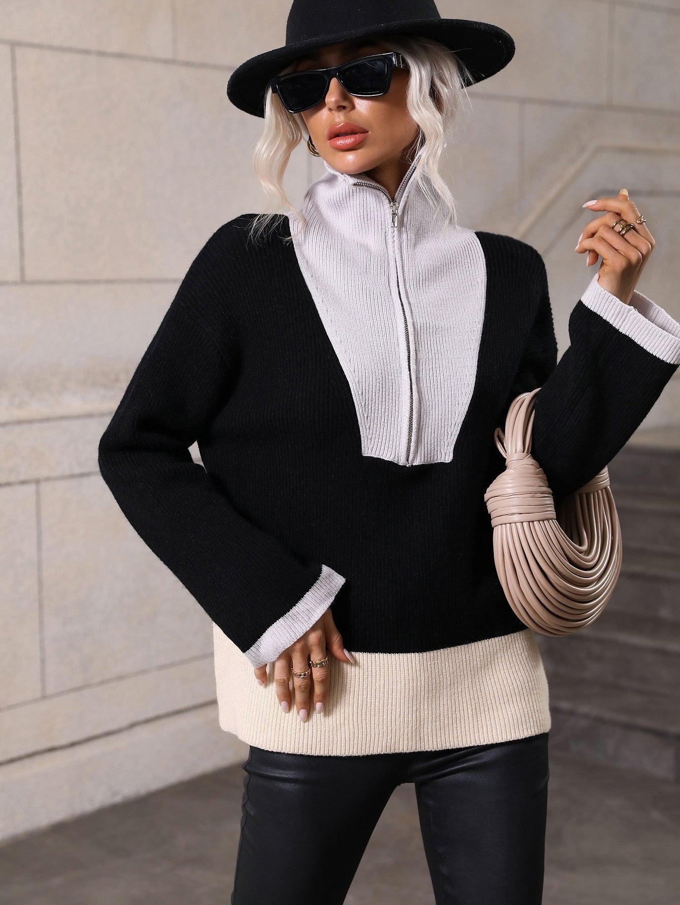 Color Block Half-Zip Dropped Shoulder Knit Pullover-TOPS / DRESSES-[Adult]-[Female]-2022 Online Blue Zone Planet