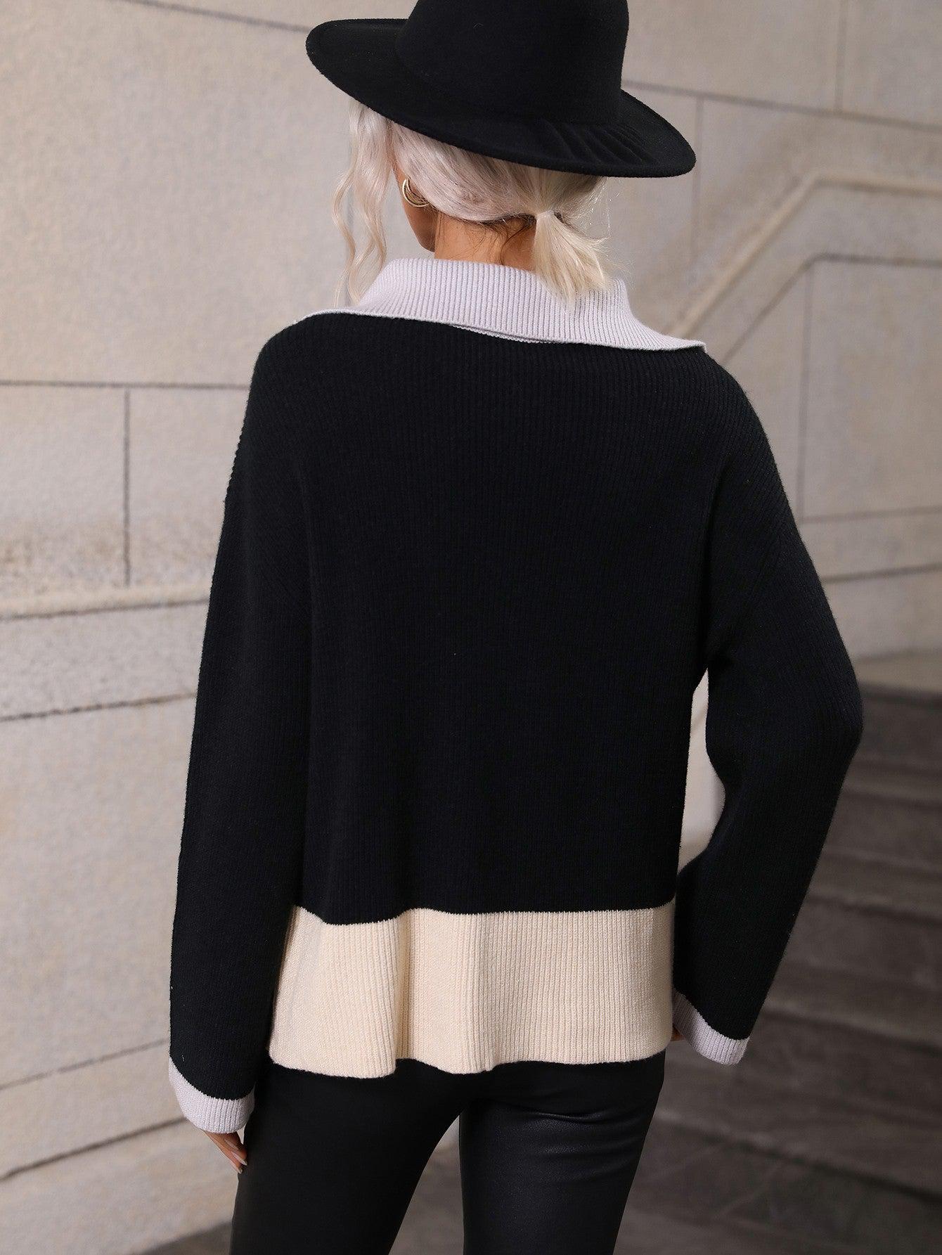 Color Block Half-Zip Dropped Shoulder Knit Pullover-TOPS / DRESSES-[Adult]-[Female]-2022 Online Blue Zone Planet