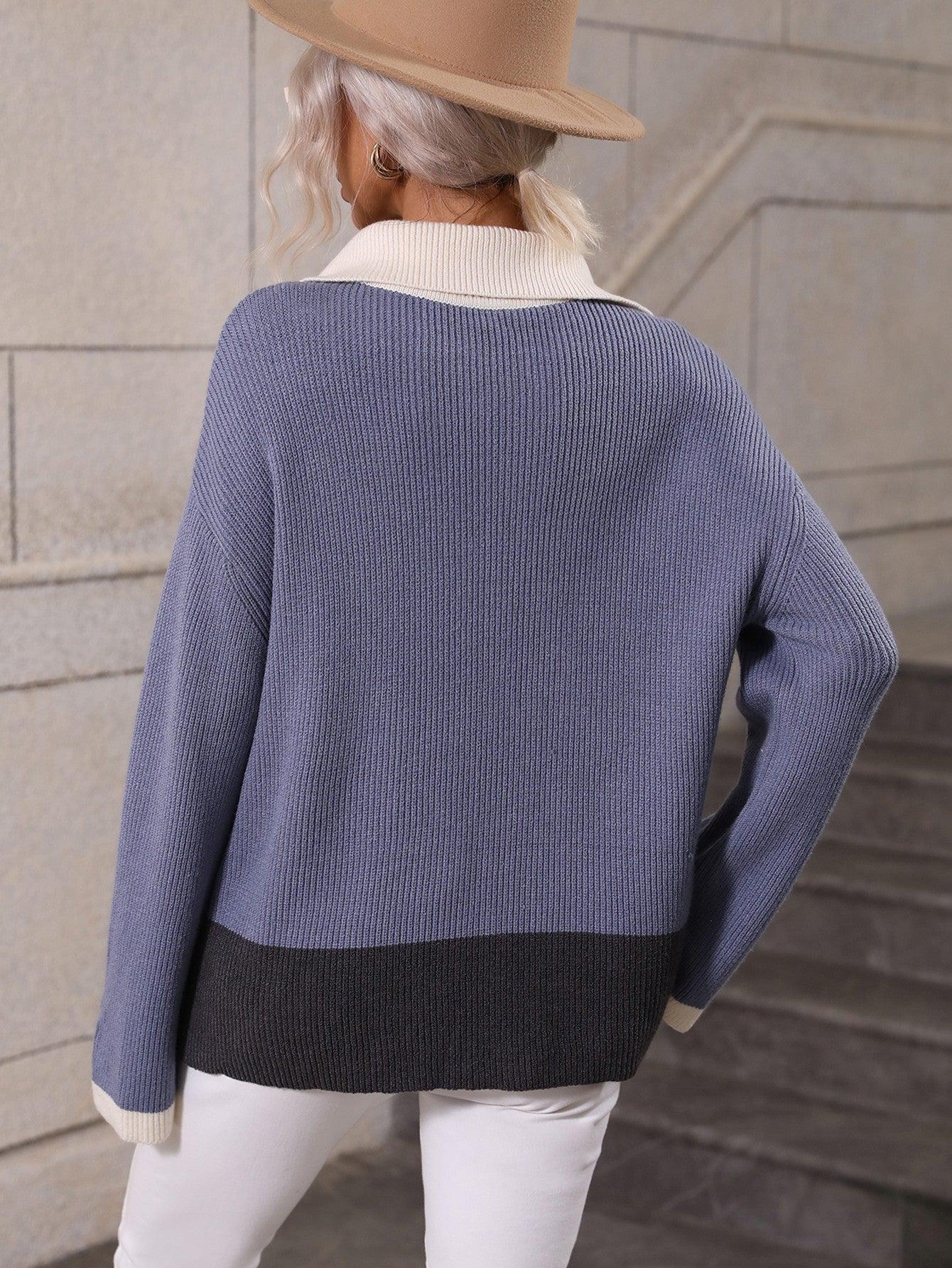 Color Block Half-Zip Dropped Shoulder Knit Pullover-TOPS / DRESSES-[Adult]-[Female]-2022 Online Blue Zone Planet