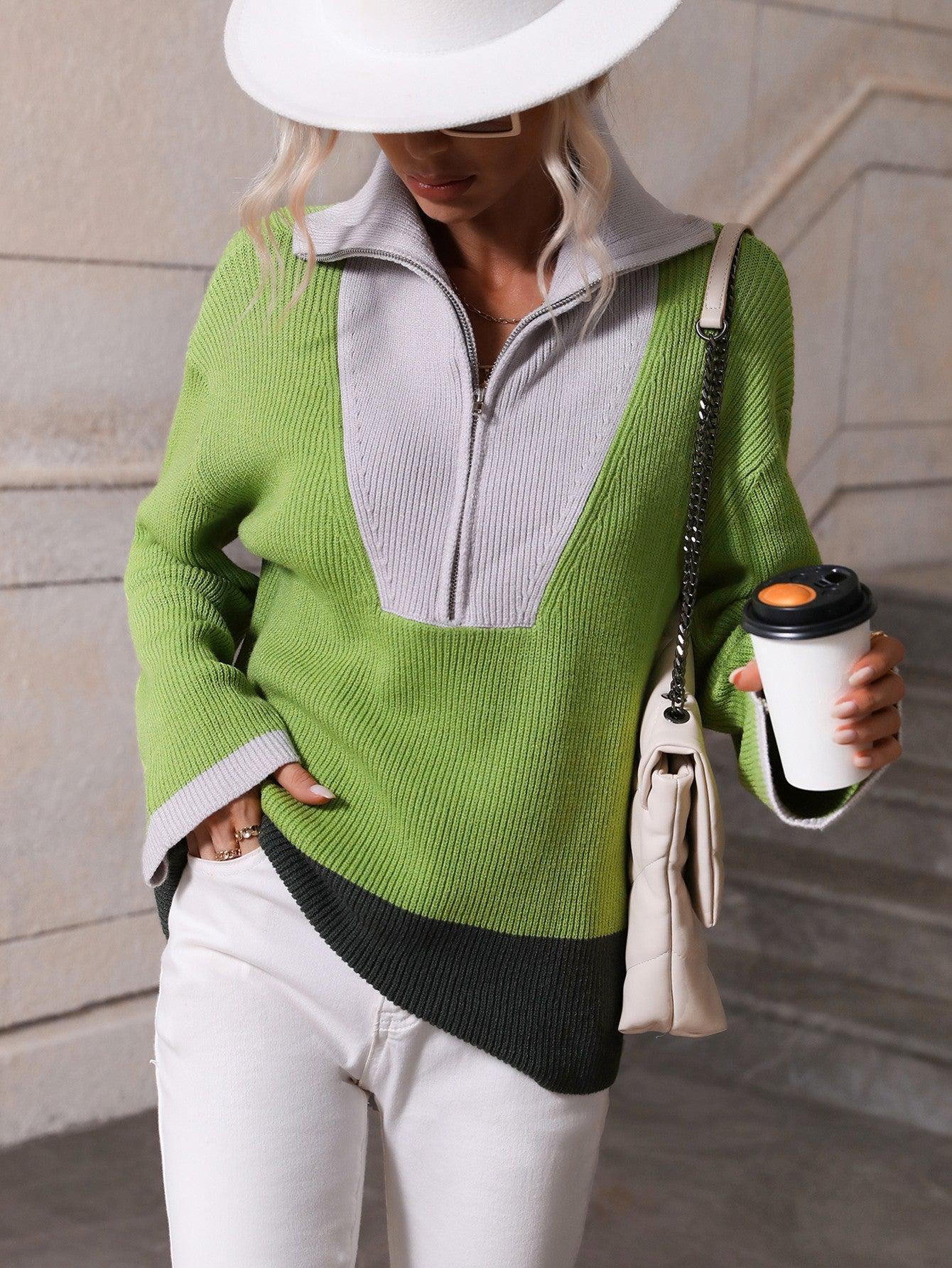 Color Block Half-Zip Dropped Shoulder Knit Pullover-TOPS / DRESSES-[Adult]-[Female]-2022 Online Blue Zone Planet