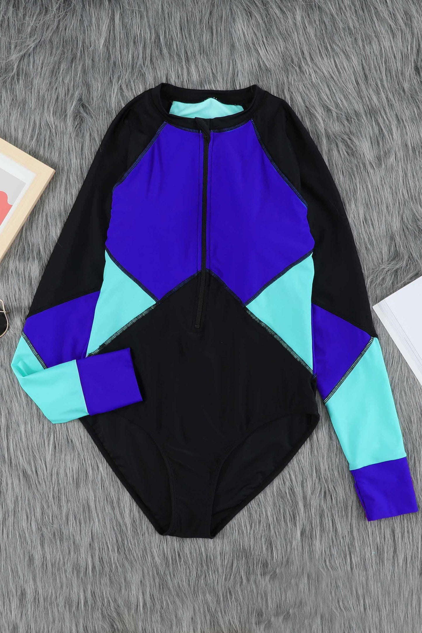 Color Block Half Zip Long Sleeve One-Piece Swimsuit-TOPS / DRESSES-[Adult]-[Female]-Blue-S-Blue Zone Planet