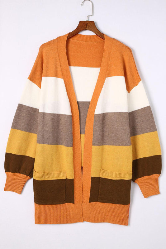 Color Block Lantern Sleeve Open Front Cardigan with Pockets-TOPS / DRESSES-[Adult]-[Female]-Stripe-S-2022 Online Blue Zone Planet