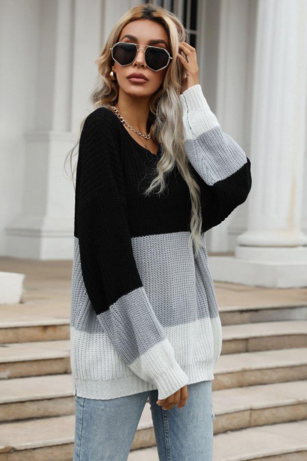 Color Block Long Sleeve Chunky Knit Sweater BLUE ZONE PLANET