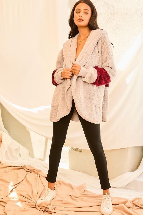 Color Block Long Sleeve Wool Hoodie Jacket With Pocket-[Adult]-[Female]-Blue Zone Planet