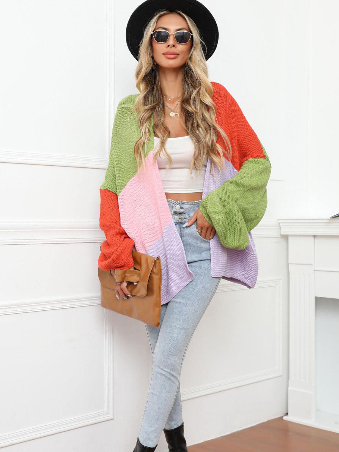 Color Block Open Front Balloon Sleeve Longline Cardigan-TOPS / DRESSES-[Adult]-[Female]-2022 Blue Zone Planet Online Store