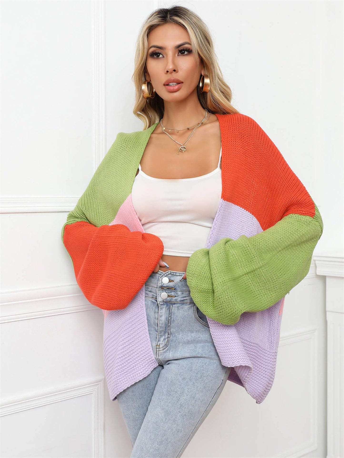 Color Block Open Front Balloon Sleeve Longline Cardigan-TOPS / DRESSES-[Adult]-[Female]-Multi-S-2022 Blue Zone Planet Online Store