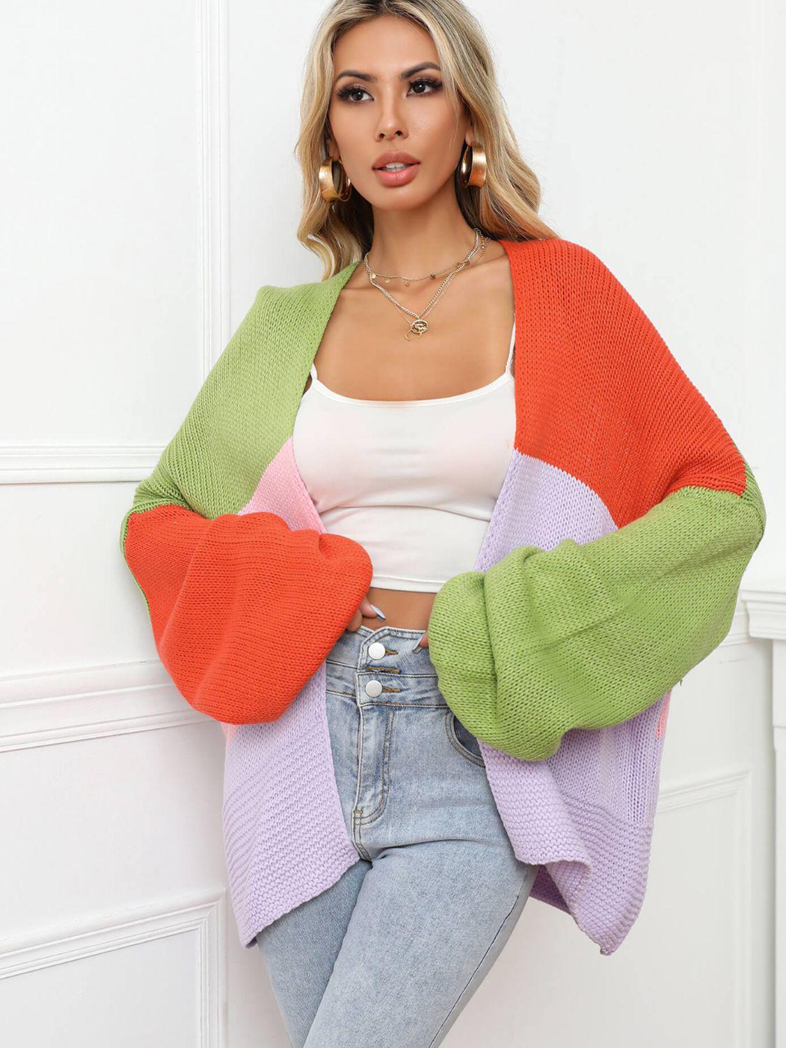 Color Block Open Front Balloon Sleeve Longline Cardigan-TOPS / DRESSES-[Adult]-[Female]-2022 Blue Zone Planet Online Store