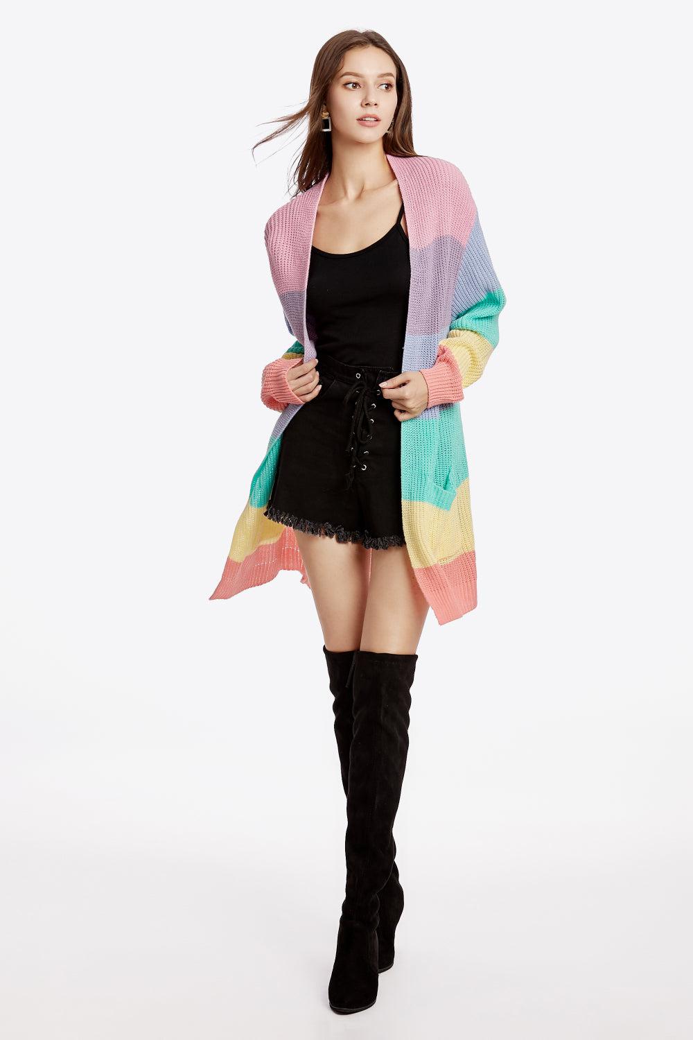 Color Block Open Front Drop Shoulder Cardigan with Pockets BLUE ZONE PLANET