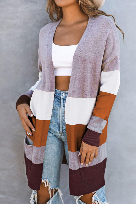 Color Block Open Front Ribbed Cuff Cardigan with Pockets BLUE ZONE PLANET