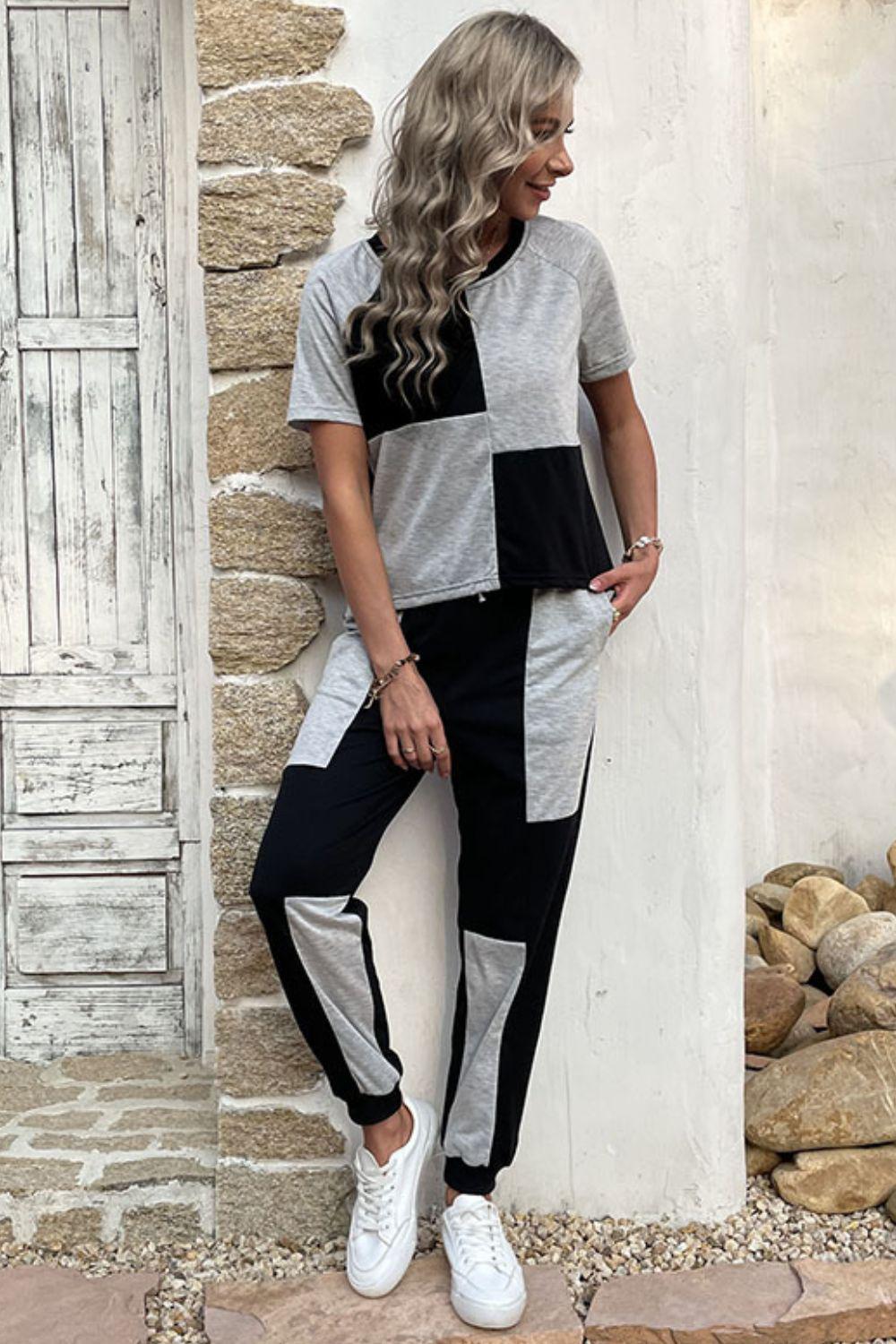 Color Block Raglan Sleeve Tee and Joggers Set-TOPS / DRESSES-[Adult]-[Female]-Black/Gray-S-Blue Zone Planet