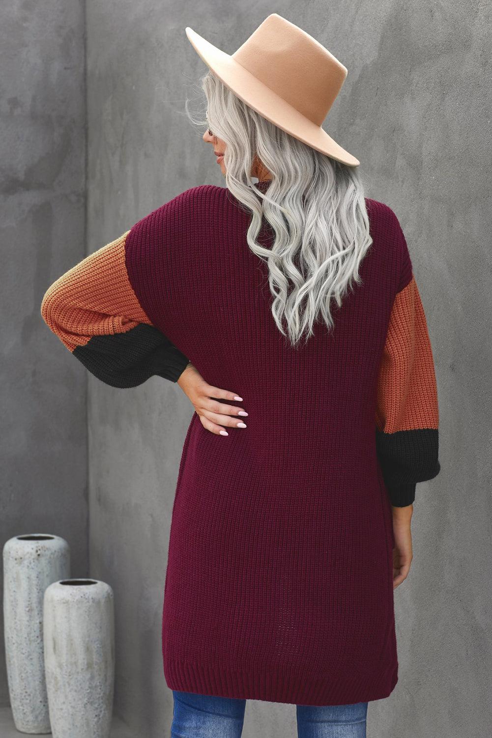 Color Block Rib-Knit Longline Cardigan with Front Pockets-TOPS / DRESSES-[Adult]-[Female]-2022 Online Blue Zone Planet