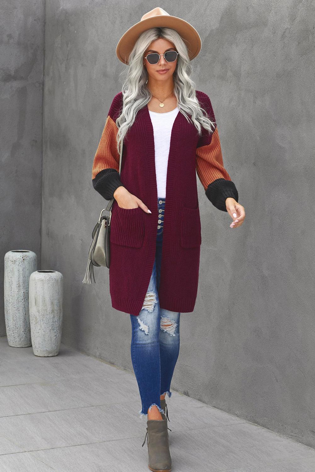 Color Block Rib-Knit Longline Cardigan with Front Pockets-TOPS / DRESSES-[Adult]-[Female]-2022 Online Blue Zone Planet