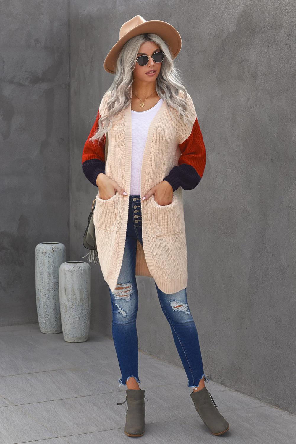 Color Block Rib-Knit Longline Cardigan with Front Pockets-TOPS / DRESSES-[Adult]-[Female]-2022 Online Blue Zone Planet