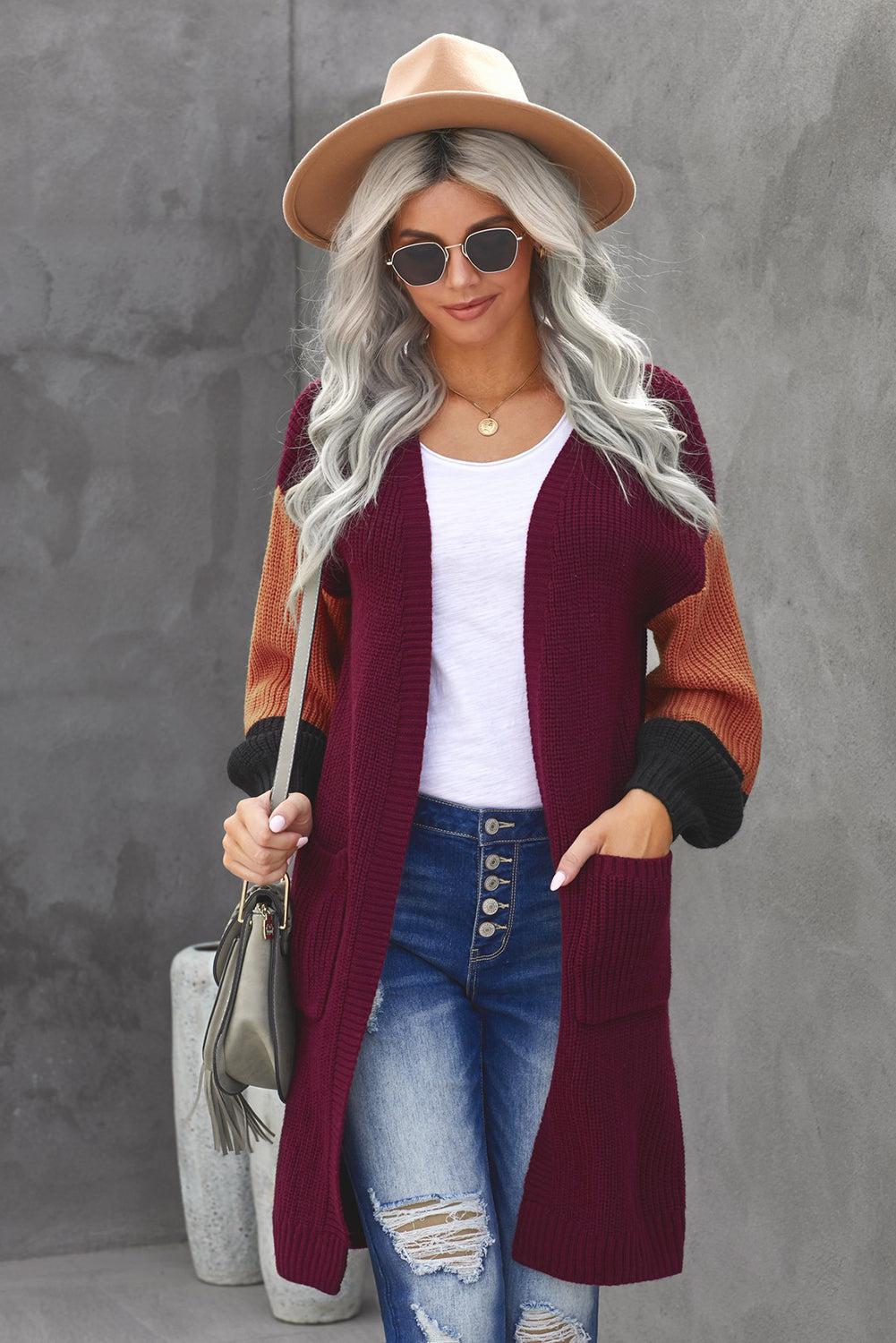 Color Block Rib-Knit Longline Cardigan with Front Pockets-TOPS / DRESSES-[Adult]-[Female]-2022 Online Blue Zone Planet