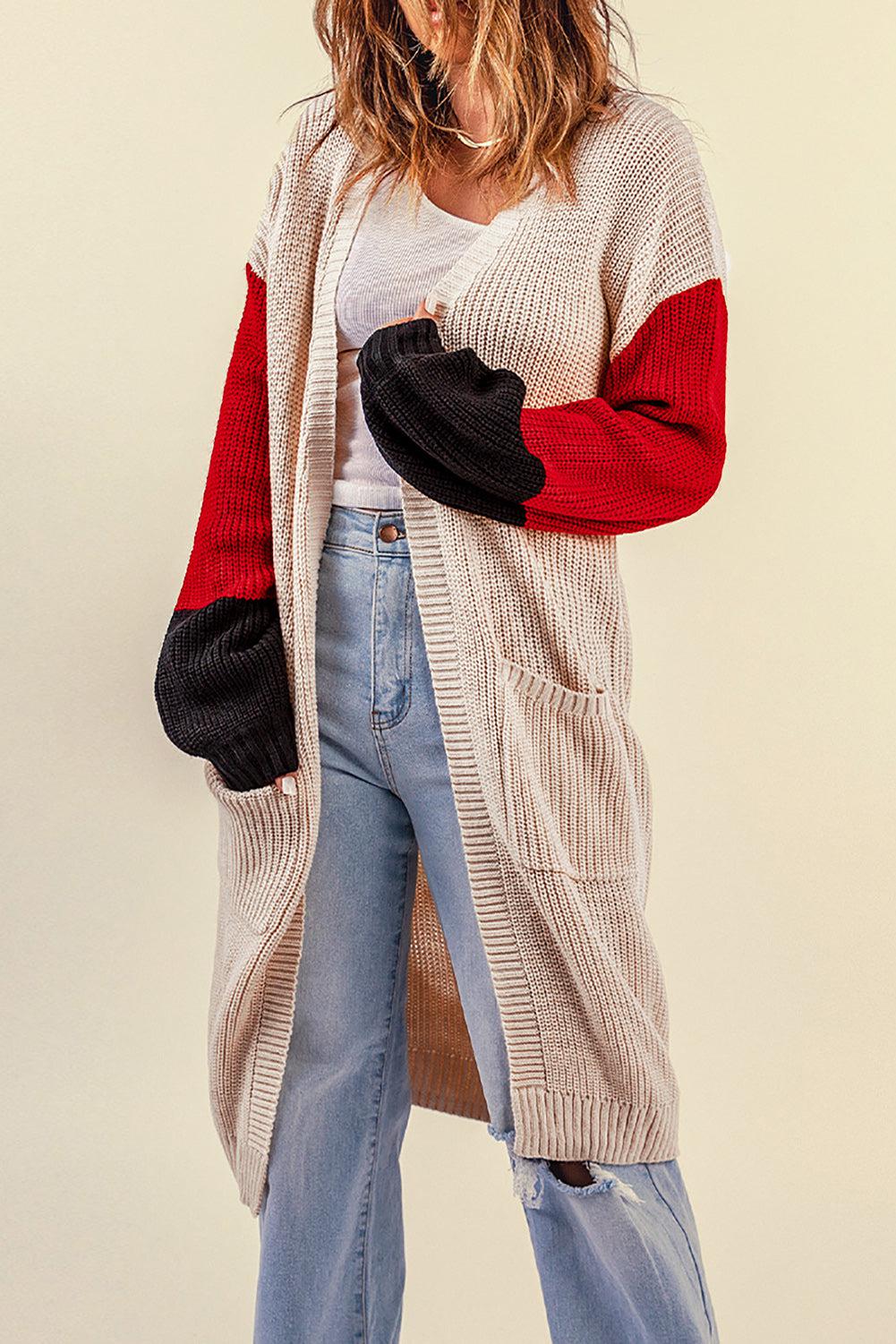 Color Block Rib-Knit Longline Cardigan with Front Pockets-TOPS / DRESSES-[Adult]-[Female]-Apricot-S-2022 Online Blue Zone Planet