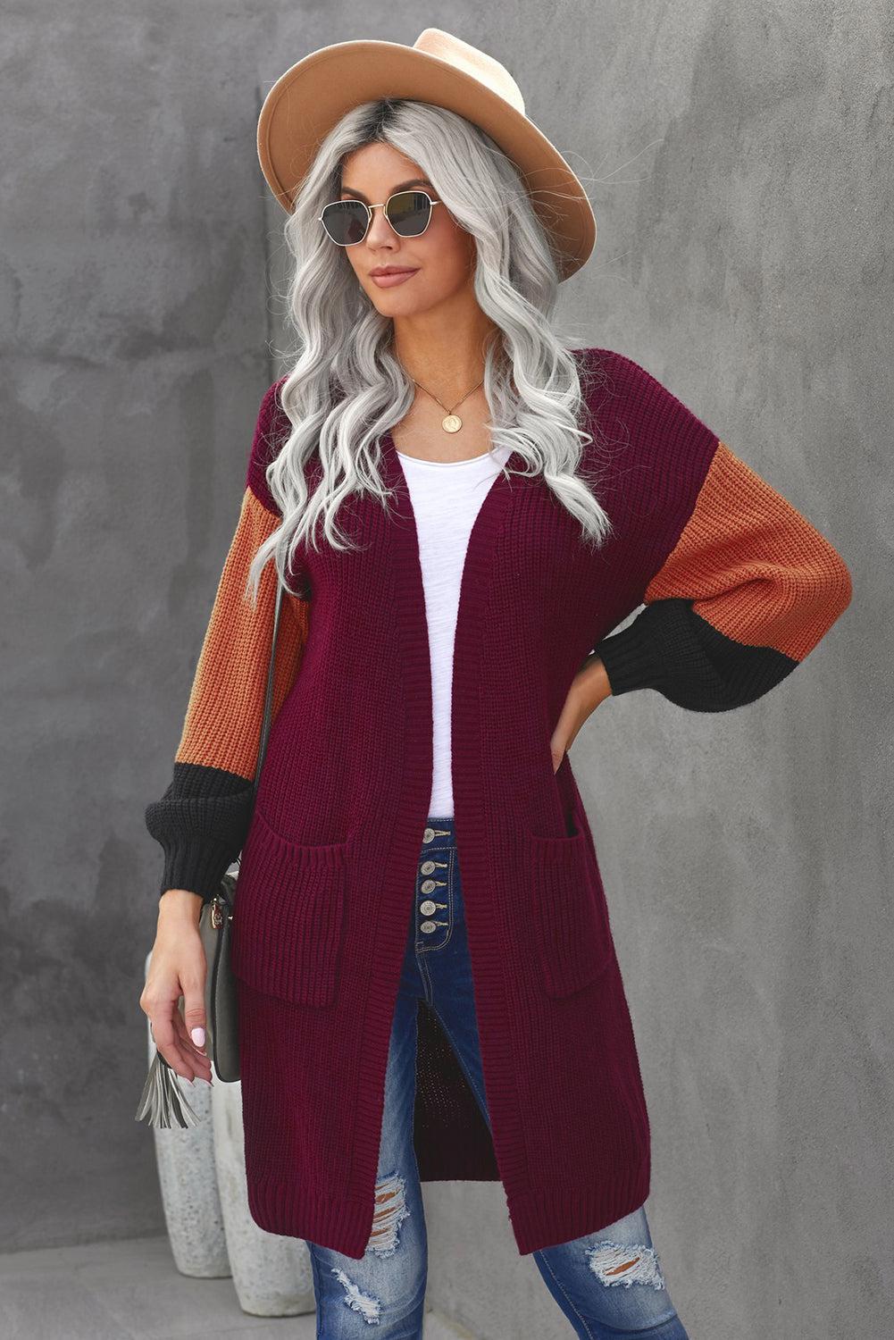 Color Block Rib-Knit Longline Cardigan with Front Pockets-TOPS / DRESSES-[Adult]-[Female]-Red-S-2022 Online Blue Zone Planet