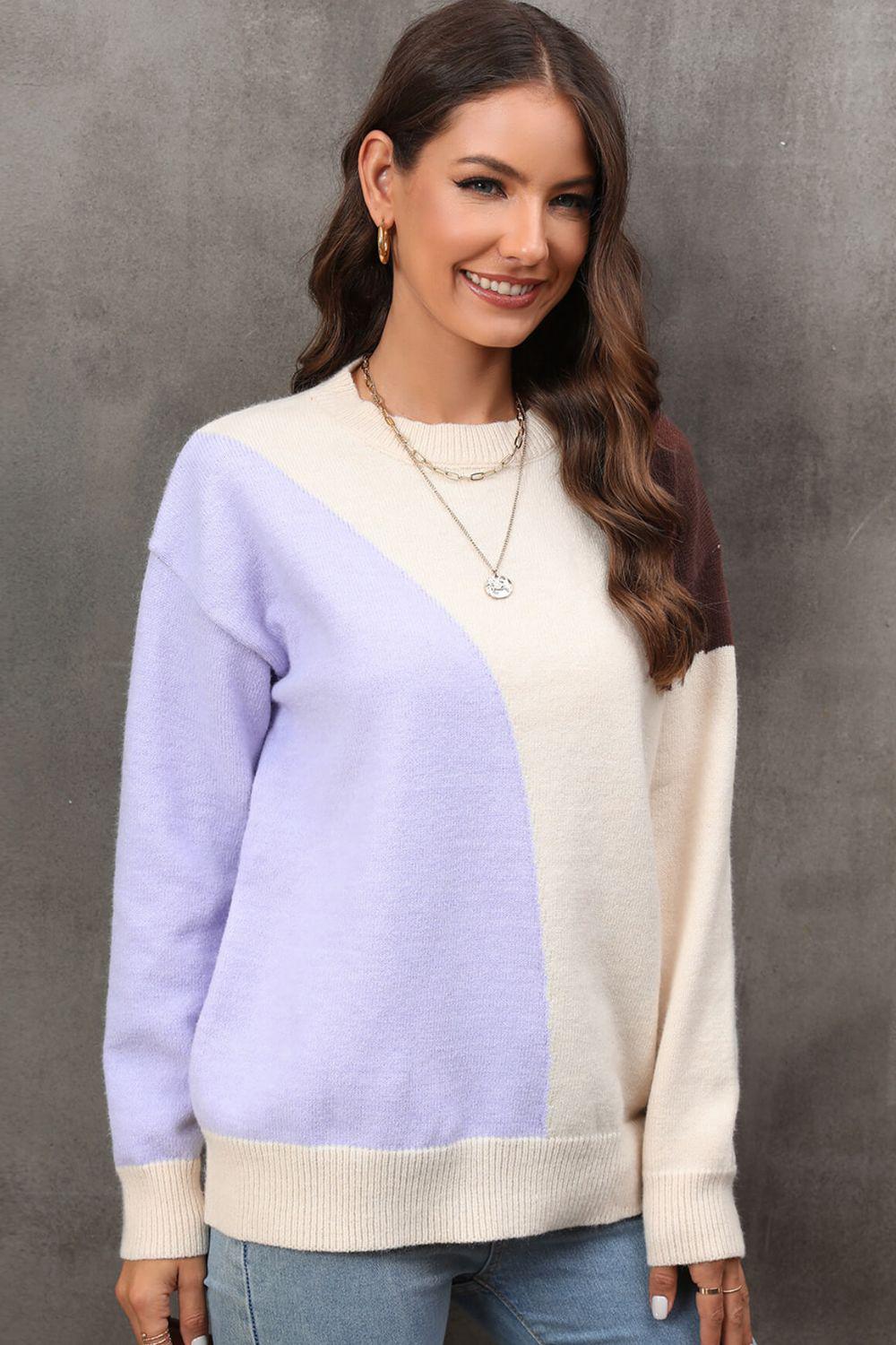 Color Block Ribbed Cuff Drop Shoulder Sweater BLUE ZONE PLANET