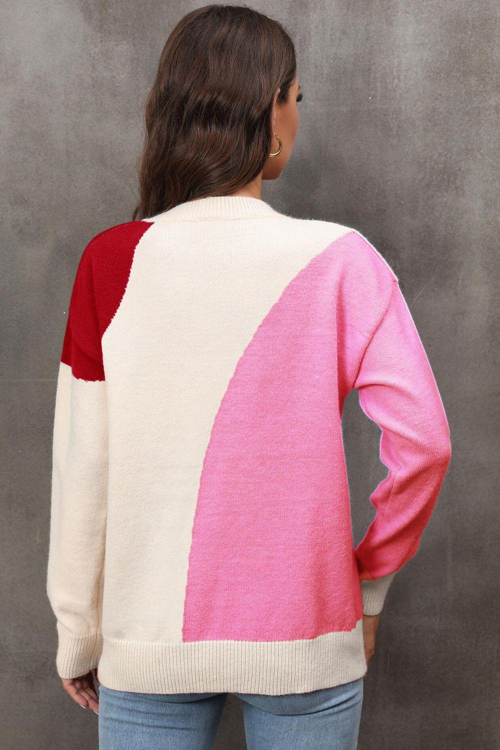 Color Block Ribbed Cuff Drop Shoulder Sweater BLUE ZONE PLANET