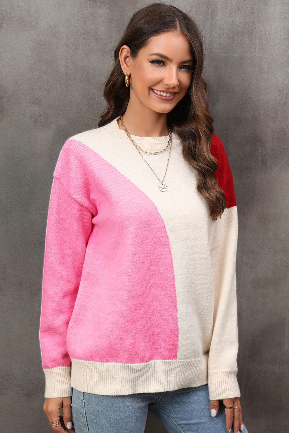 Color Block Ribbed Cuff Drop Shoulder Sweater BLUE ZONE PLANET