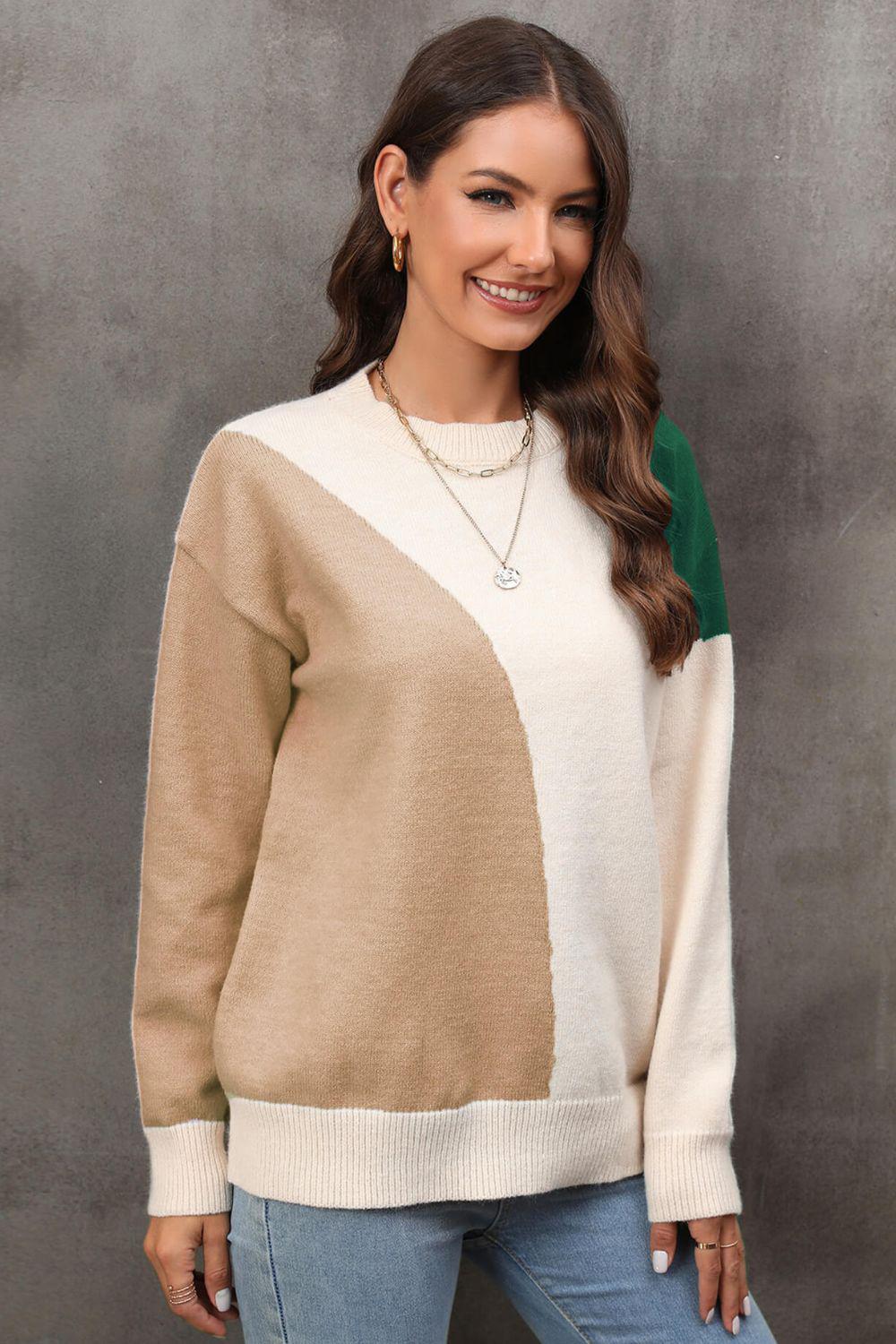 Color Block Ribbed Cuff Drop Shoulder Sweater BLUE ZONE PLANET