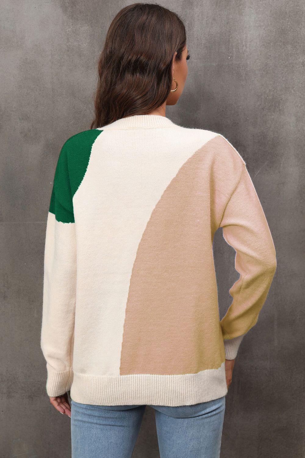 Color Block Ribbed Cuff Drop Shoulder Sweater BLUE ZONE PLANET