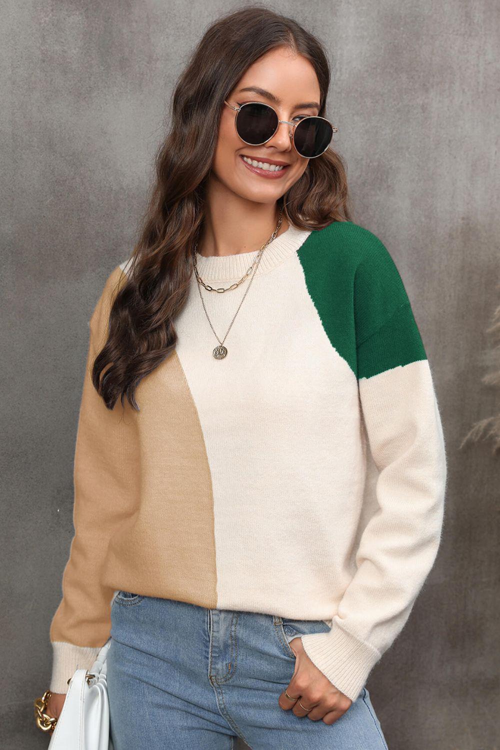Color Block Ribbed Cuff Drop Shoulder Sweater BLUE ZONE PLANET