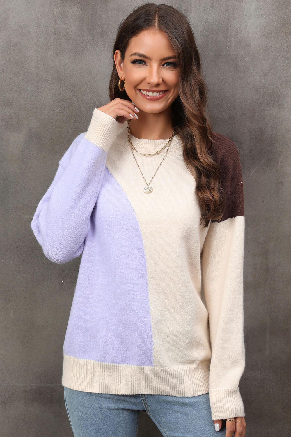 Color Block Ribbed Cuff Drop Shoulder Sweater BLUE ZONE PLANET