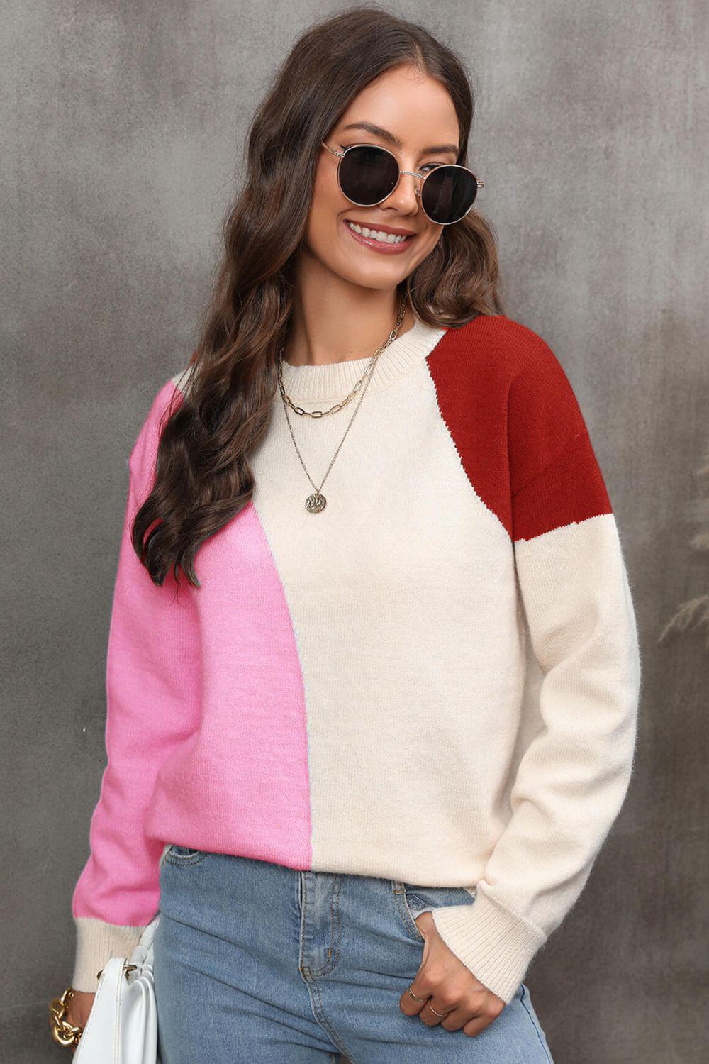 Color Block Ribbed Cuff Drop Shoulder Sweater BLUE ZONE PLANET