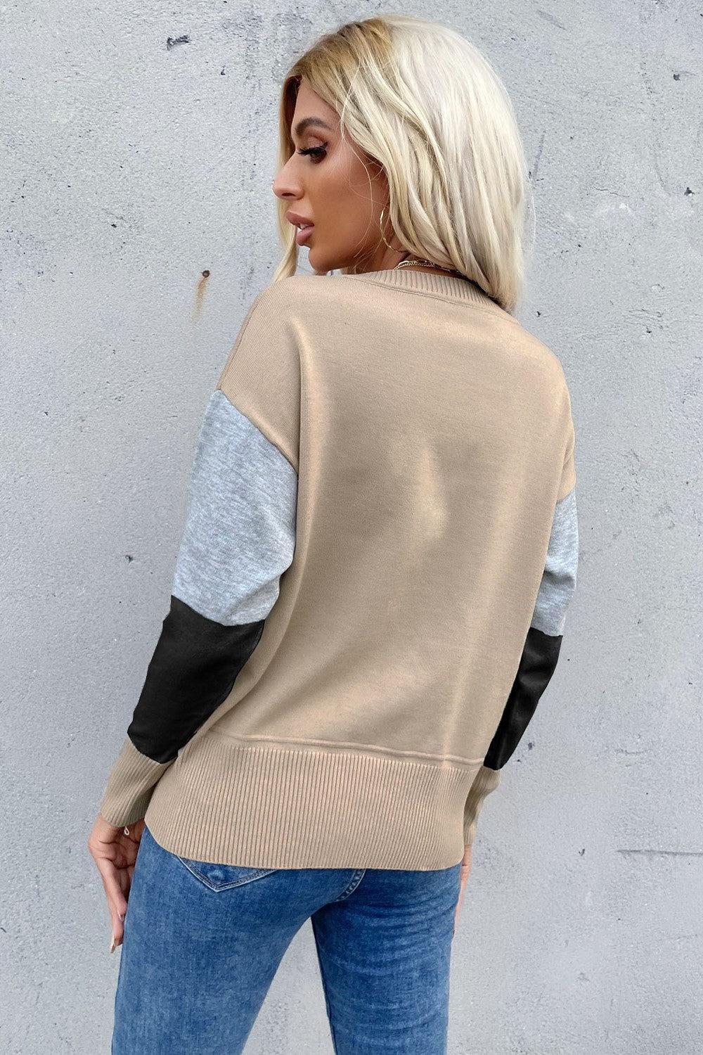 Color Block Ribbed Trim Round Neck Knit Pullover BLUE ZONE PLANET